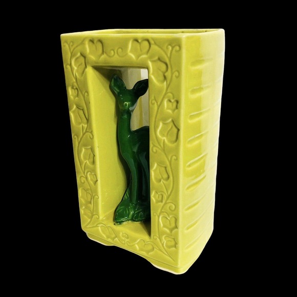 Vintage Shawnee Pottery Double Vase 850 Chartreuse Green Deer Ivy Mid Century - Picture 11 of 11